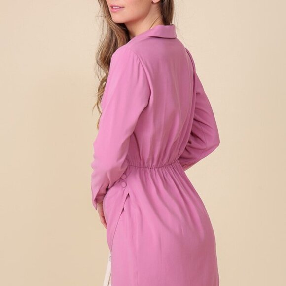 LUMIERE Pink Wrap Mini Dress with Long Sleeves, Collared Surplice Style - Picture 4 of 8